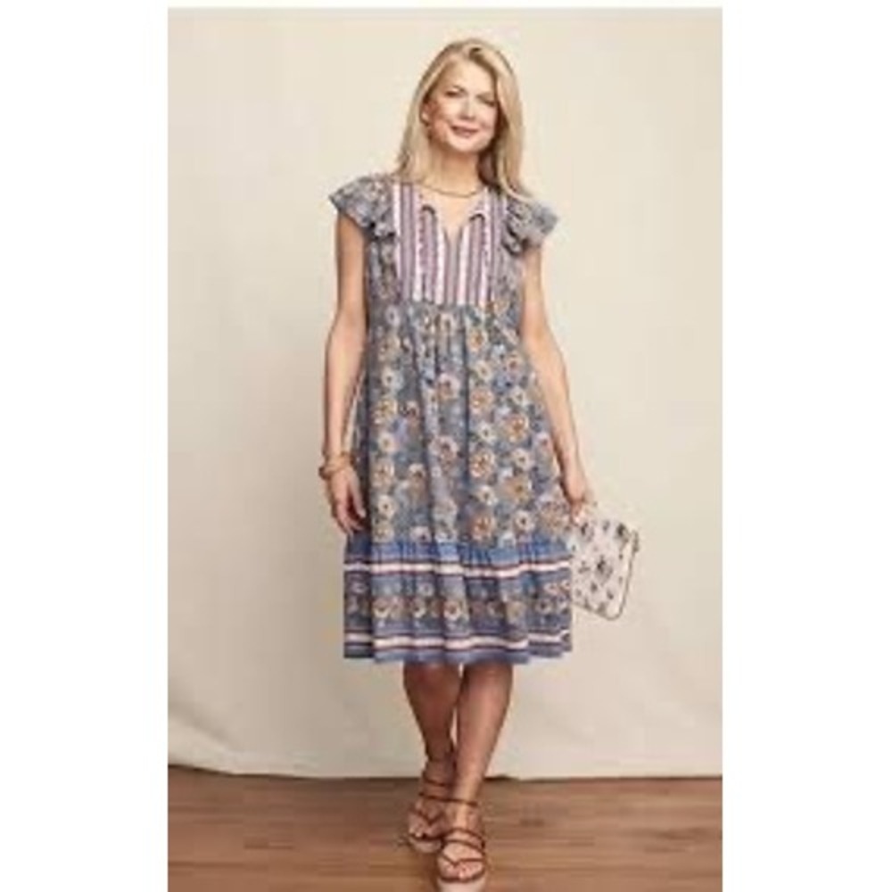 Matilda Jane Women Blue Floral Flutter Sleeve‎ Boho Midi Dress Size M 3411402D